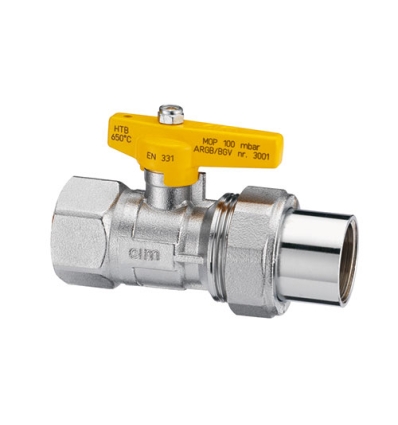 Cimberio CIM 800FP gasbolkraan met vlindergreep (geel) en 2-delige koppeling FF 3/4 x 3/4 - KVBG gekeurd