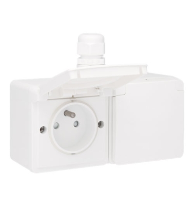 Niko Prise double horizontale étanche aux projections d’eau, avec broche de terre, obturateurs de protection et bornes à vis