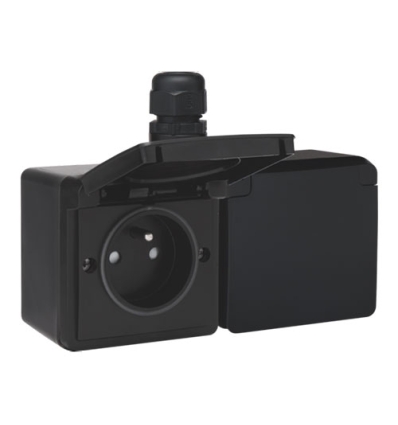 Niko Prise double horizontale étanche aux projections d’eau, avec broche de terre, obturateurs de protection et bornes