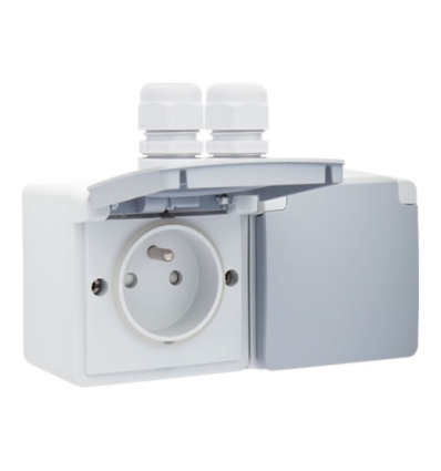 Niko Spuitwaterdicht dubbel horizontaal stopcontact met penaarde, beschermingsafsluiters en schroefklemmen, inclusief opbouwdoos