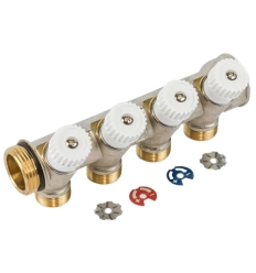 Begetube Ø3/4" + 4 x M24 warmgeperste messing collector, vernikkeld, met ingebouwde kranen 30° - 224071904