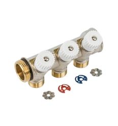 Begetube Ø3/4" + 3 x M24 warmgeperste messing collector, vernikkeld, met ingebouwde kranen 30° - 224071903