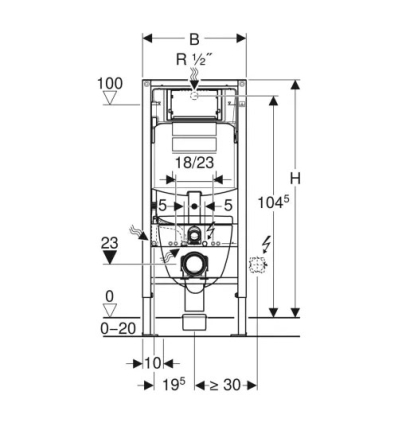 Geberit Systemfix set element voor hang-wc, 112 cm, met Sigma inbouwreservoir, Sigma30 bedieningsplaat en iCon hang-wc Rimfree