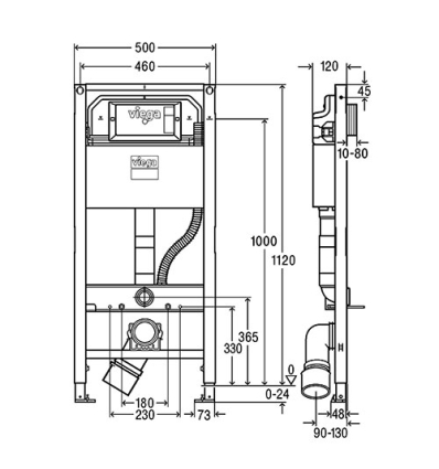 Viega Élément WC Prevista Dry - 1120 x 500 mm - avec set de fixation - PP coude avec reduction - 798772