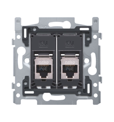 Niko 2 RJ45-aansluitingen STP Cat. 6, klaar voor PoE++, vlakke uitvoering, incl. sokkel 60 x 71 mm met schroefbevestiging