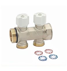 Begetube 4/4" + 2 x 3/4”EK warmgeperste messing collector, vernikkeld, met ingebouwde kranen, incl. indicator rood/blauw