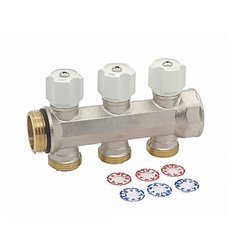 Begetube 4/4" + 3 x 3/4”EK warmgeperste messing collector, vernikkeld, met ingebouwde kranen, incl. indicator rood/blauw