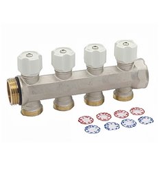 Begetube 4/4" + 4 x 3/4”EK warmgeperste messing collector, vernikkeld, met ingebouwde kranen, incl. indicator rood/blauw 