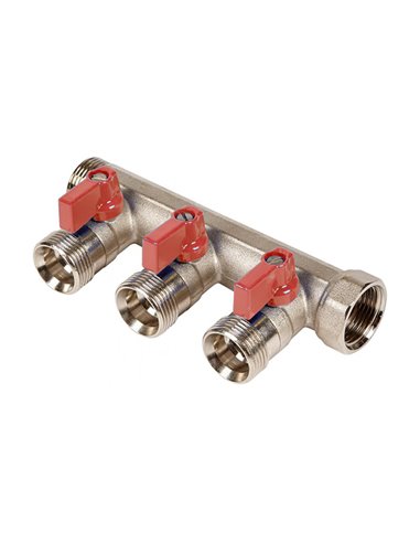 Henco messing verdeler 1" met rode bolkraan + 4 x 3/4" EK uitgangen - VB060504-ROOD
