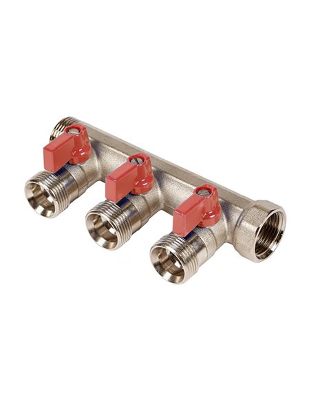 Henco messing verdeler 1" met rode bolkraan + 3 x 3/4" EK uitgangen - VB060503-ROOD