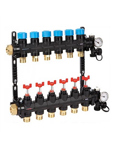 Henco UFH-MDK 1" - 11 x 3/4" Collecteur composite, réglable avec débitmètre, vanne d'apport et purgueur d'air UFH-0605MDK11-03L