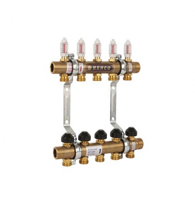 Henco 1"M - 12 x 3/4"EK verdeler messing, regelbaar, met debietmeting